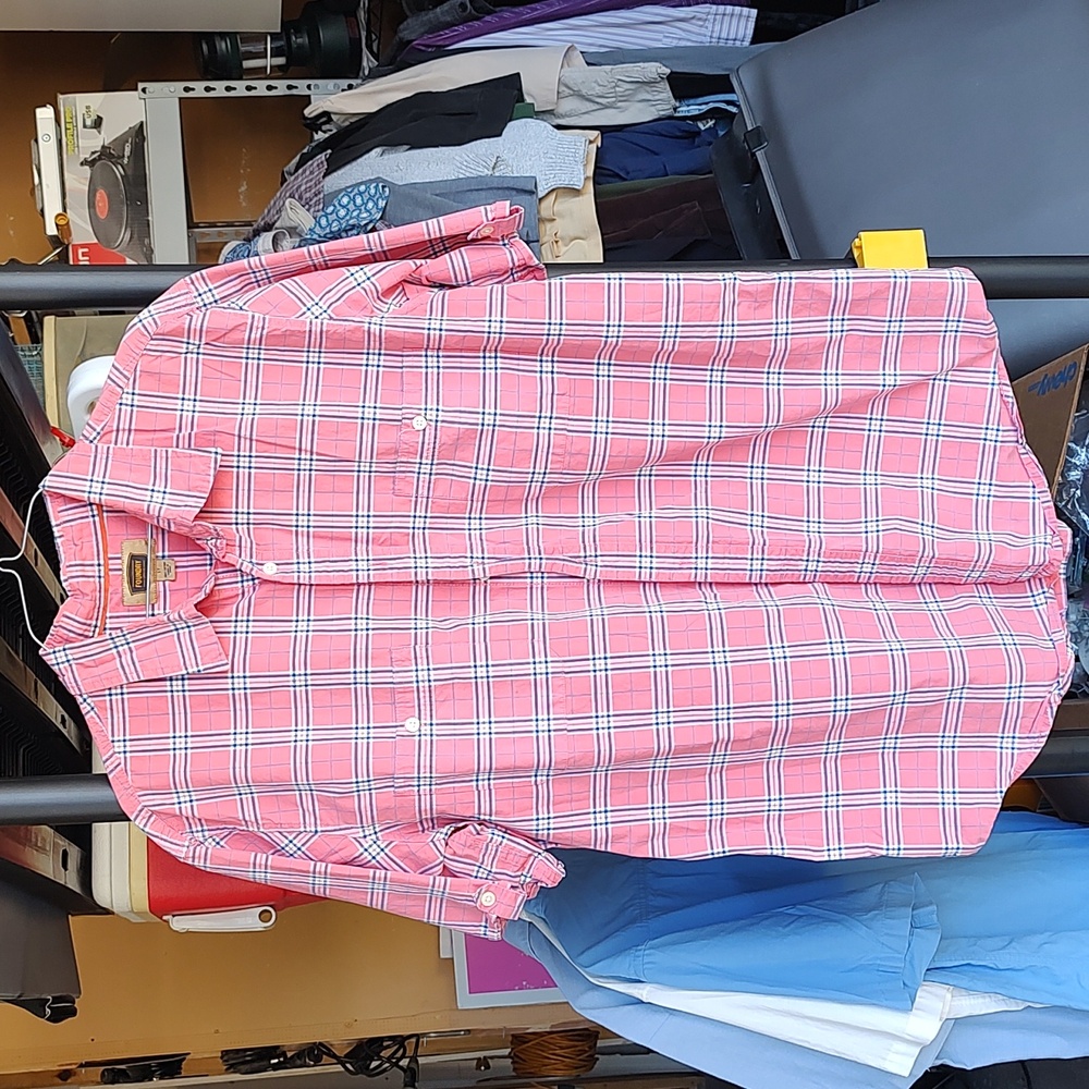 Men's button down The Foundry Supply Co. large tall coral/blue/white plaid